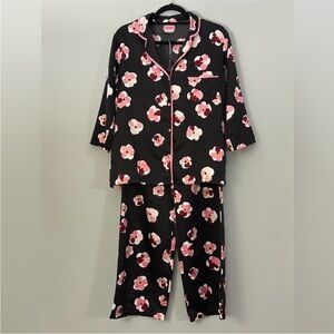 Kate Spade Floral Pajama Set Silky Satin Sleepwear Medium Black Pink